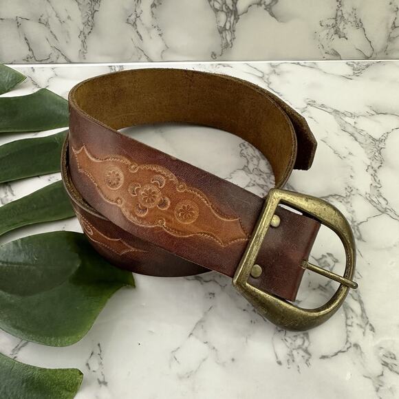 Unbranded Accessories - Womens Vintage 80s Tooled Leather Belt Size S Brown Brass Buckle Western